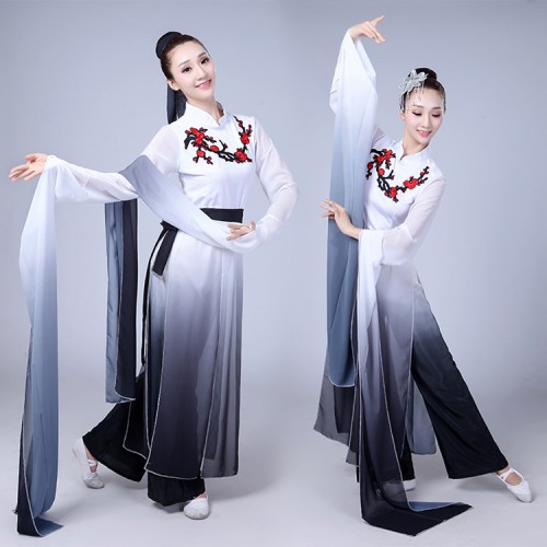 Chinese ancient folk dance costumes for women blue black pink gradient colored water fall sleeves fairy yangko fan dancing long dresses